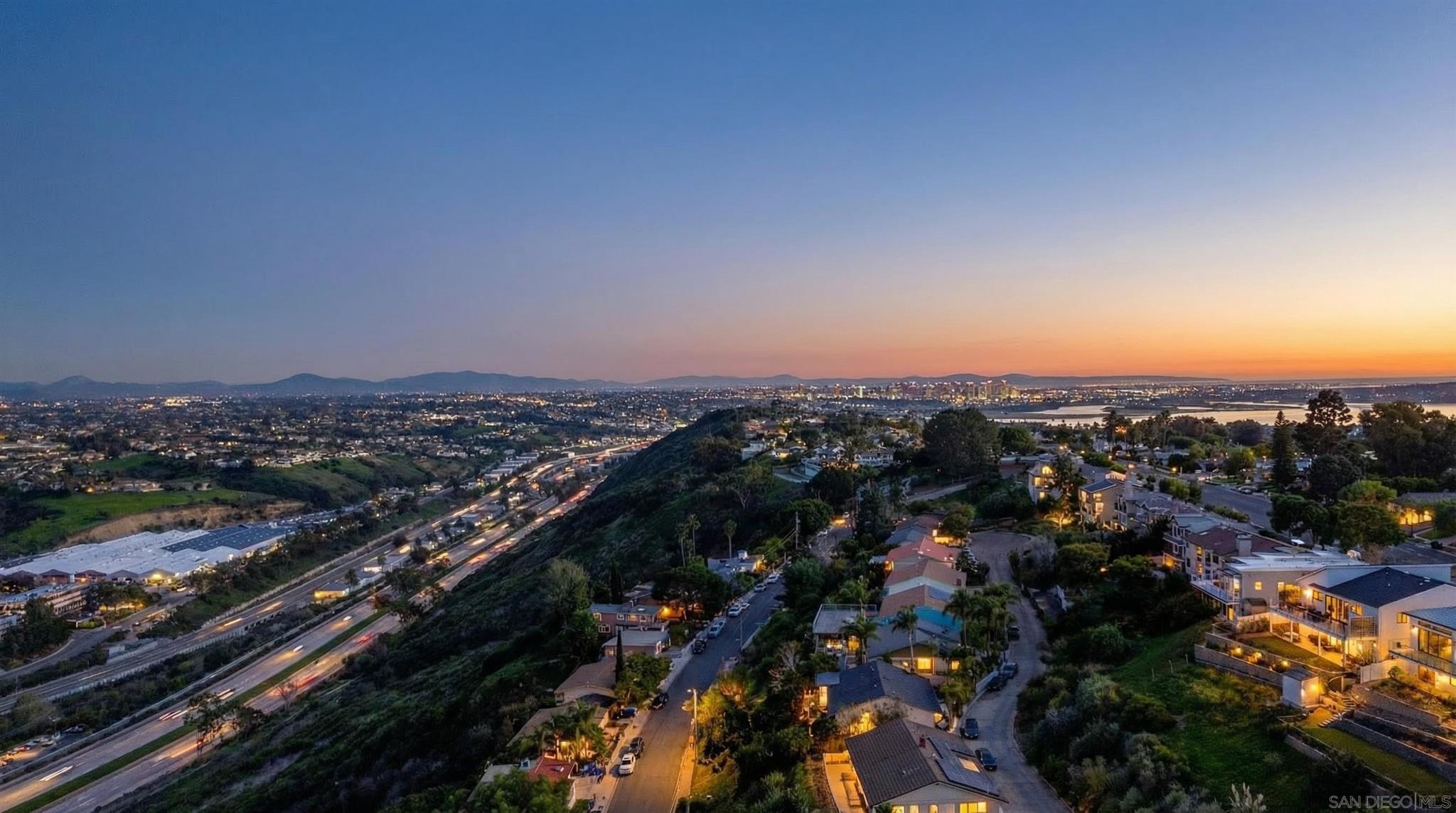 Aerial twilight view to the coast and Mission Bay